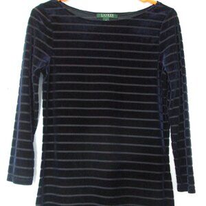 Ralph Lauren Women's Sz M S Navy Blue Stripe Sculptured Burnout Velvet Tunic Top